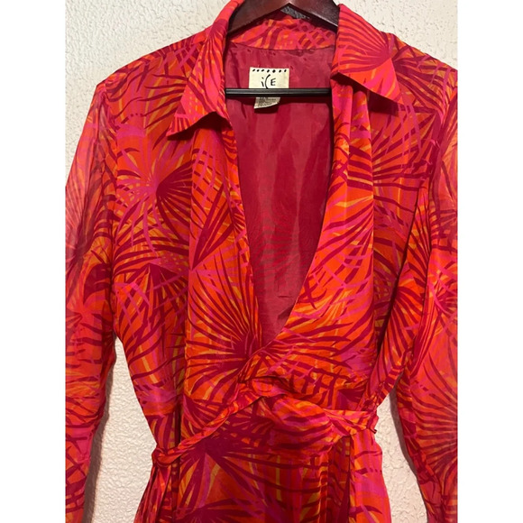 Vintage Y2K ICE Silk Orange Pink Chiffon Fairy core Tropical Wrap Dress Size 16 - Picture 2 of 7